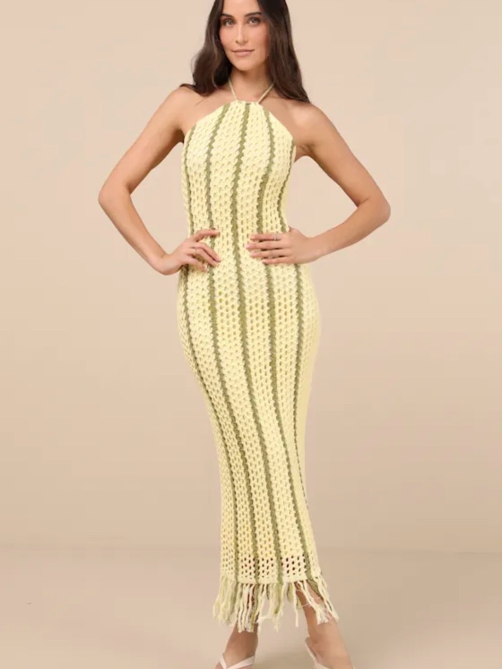 Lulu's Pale Yellow Crochet Halter Fringe Maxi Dress